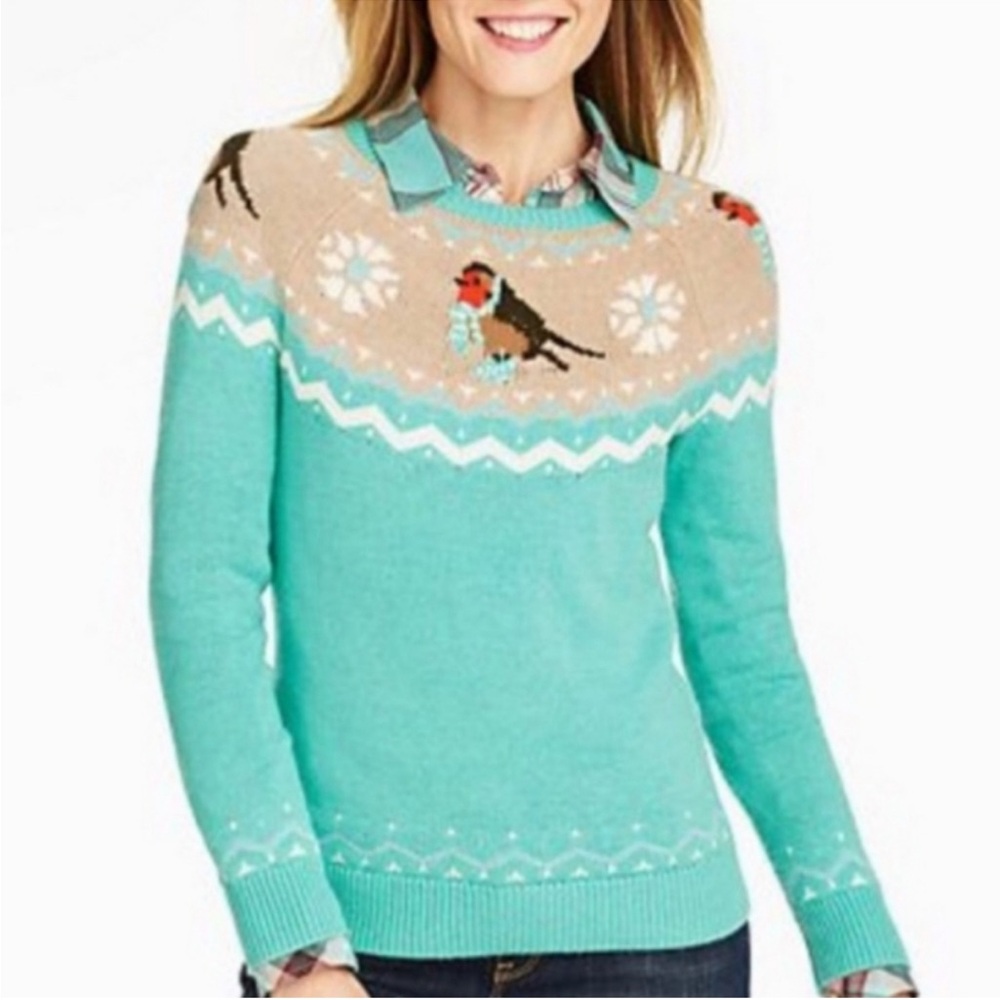 Talbots Teal Lambswool Knit Fair Isle Snow Bird Sweater  Size Large